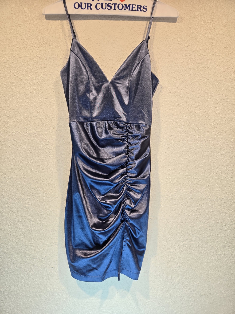 Honey and Rosie Satin Ruched Spaghetti-Strap Mini Dress - Blue Size S